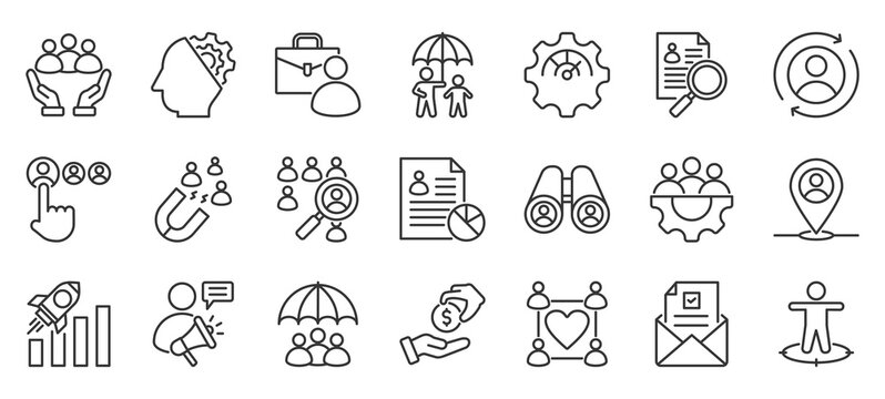 human resource outline icon pack collection of business, recruitment, management, team, human, hr, professional, employee, teamwork, job icon