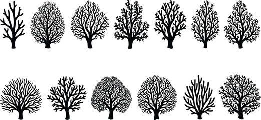 Bare tree silhouette vector set, leafless winter forest elements, nature illustration isolated on white background