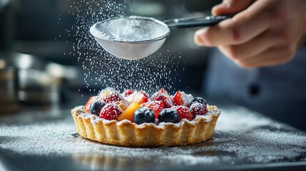 Artisan Fruit Tart with a Colorful Berry Medley and Whipped Cream Garnish on a Rustic Wooden Table