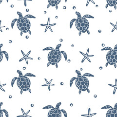Seamless pattern with turtle and starfish