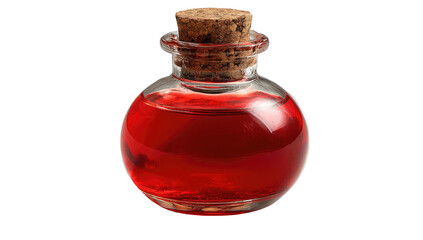 A small glass vial filled with a vibrant red liquid, corked, against a black background