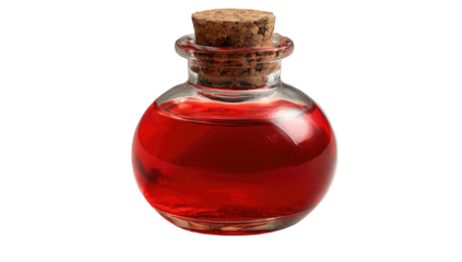 A small glass vial filled with a vibrant red liquid, corked, against a black background