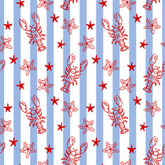 Lovely seamless pattern with playful lobster motifs. Lobster and starfish drawn in pencil