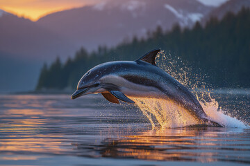 Obraz premium Dolphin jumping out of water at sunset with mountain and forest background, water splashing and glowing in warm light creating lively and dynamic scene