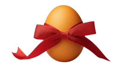 A single brown egg wrapped in a festive red ribbon, set against a transparent black background