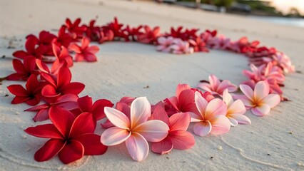 Heart-shaped lei of pink and red frangipani flowers on a sandy beach at sunset, tropical valentine's day