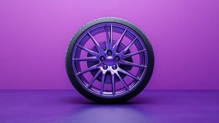 Sleek and Modern Car Wheel with Unique Purple Finish Against a Vibrant Purple Background for Automotive Design Inspiration and Creative Projects