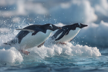 Two penguins diving off icy shelf into cold water with splashes, showing dynamic action in frozen environment full of snow and ice under soft natural light