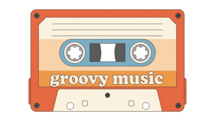 Retro cassette tape with groovy music text, vintage audio nostalgia
