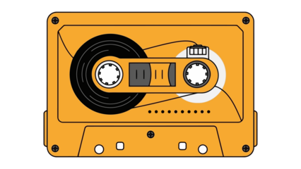 Retro orange cassette tape illustration with black reel and white background