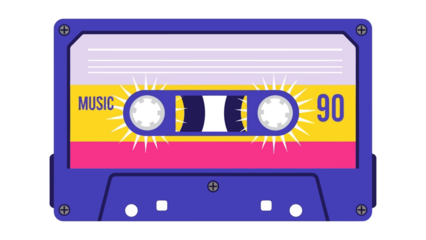 Retro 90s music cassette tape with vibrant colors and sunburst effect