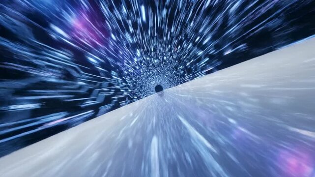 Hyper-speed movement simulating flight through tunnels of brightly glowing technological blue and purple circuit lines on an infinite white plane infinite white plane, seamless loop, movement