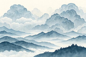 Serene asian landscape with layered blue mountains and dramatic misty clouds in sumi e style
