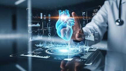 Advanced medical technology doctor interacting with holographic heart model