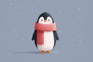Cute penguin character wearing red scarf standing in falling snow with gray background, adorable winter animal design with simple shapes and soft texture for cheerful mood