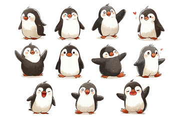 Obraz premium Adorable penguin characters showing friendly expressions and playful poses with cute hearts, creating joyful and charming atmosphere in simple white background