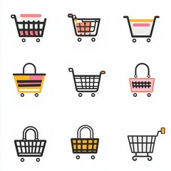Modern Shopping Trolley Vector Set Featuring Various Designs and Styles for Retail Shopping Carts