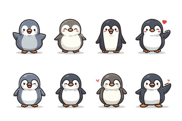 Fototapeta premium Adorable penguin characters showing friendly expressions and cute poses with small hearts, perfect for playful and cheerful designs or illustrations