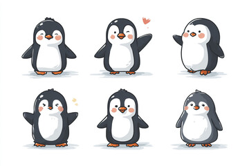 Fototapeta premium Cute penguin character set with friendly expressions and playful poses, showing adorable emotions and charm in simple cartoon style on white background