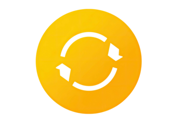 A vibrant yellow circle with a white recycling symbol in the center