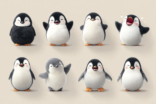 Adorable kawaii style penguin characters collection with various joyful and playful expressions, featuring soft textures and cute poses on neutral background