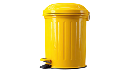 An isolated yellow plastic trash can and empty recycling bin container with a lid, presented as a vector illustration object on a white background