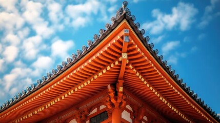 Fototapeta premium Intricate Architectural Details of Traditional Asian Temple Rooftop Against a Bright Blue Sky with White Clouds