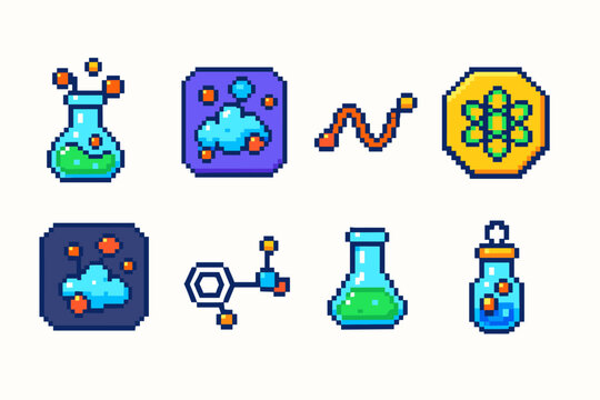Science and chemistry pixel icon set. Lab equipment, molecules, potion icons