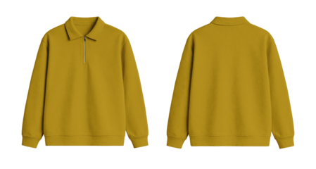 Blank Mustard Yellow Quarter Zip Polo Sweatshirt Mockup Front and Back Isolated on Transparent Background