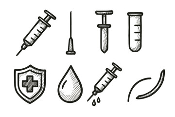 Obraz premium Medical instruments sketch icon set. Syringe, needle, vial icons outline collection