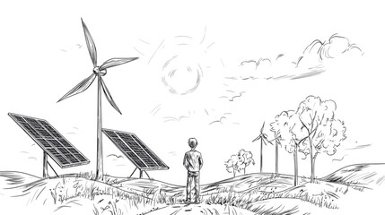 Man Standing Near Wind Turbine and Solar Panels.