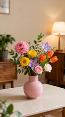 Colorful Floral Bouquet in Pink Vase: Cozy Indoor Tabletop Arrangement