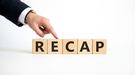 Obraz premium Recap concept with wooden blocks and a hand pointing.