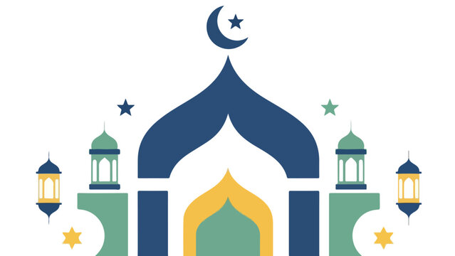 Modern Flat Islamic Mosque Arch Illustration with Hanging Lanterns and Crescent Moon