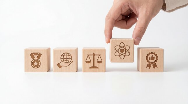Hand arranging wooden blocks with icons representing different values.