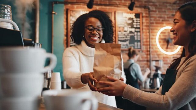 Coffee Shop transaction: A beaming customer receives their takeout order from a friendly barista within a bustling cafe, captured during a delightful exchange of service and satisfaction.