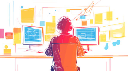 Man working on dual computer monitors.