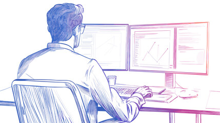 Man Working on Computer with Multiple Monitors.