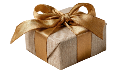 A small present wrapped in beige textured paper and adorned with a golden ribbon and bow