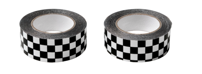 Two rolls of decorative tape with a black and white checkerboard pattern, set against a dark background