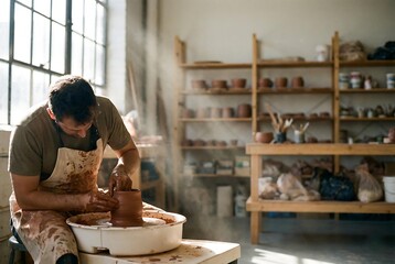 Male artist making pottery on wheel in sunny workshop, craftsman shaping clay for pottery art, handmade pottery creation concept.