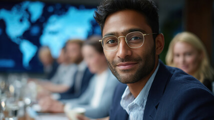 young indian man seated at conference table at office