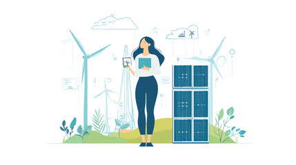 Woman holding tablet near solar panel.