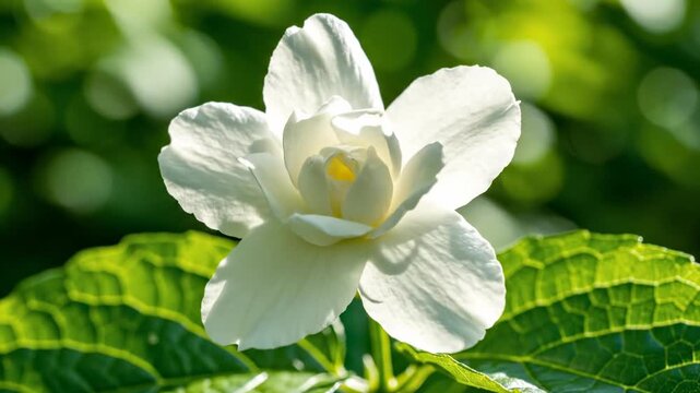 Hyperlapse simulation showcasing the rapid unfurling and opening of a single white jasmine bud revealing its delicate structure and green foliage energy, simulation, pattern