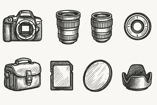 Photography equipment sketch icon set. Camera, lenses, and gear in outline style.