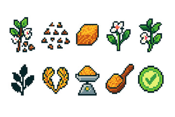 Obraz premium Agriculture and farming pixel icon set. 8-Bit crops and tools, outline style icons