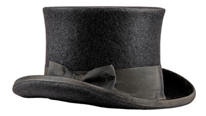 A classic, tall, black, formal hat with a ribbon band, side profile, and slight angle