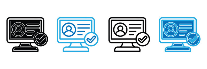 Laptop computer screen showing user profile icon, User profile verification icons on computer screens with checkmarks, Online account interface, digital resume, and identity verification concept
