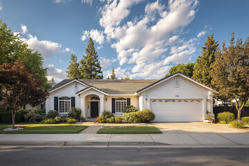 Obraz premium Single floor suburban house with white exterior, black shutters, and two car garage under partly cloudy sky, surrounded by green trees and well maintained lawn creating peaceful atmosphere