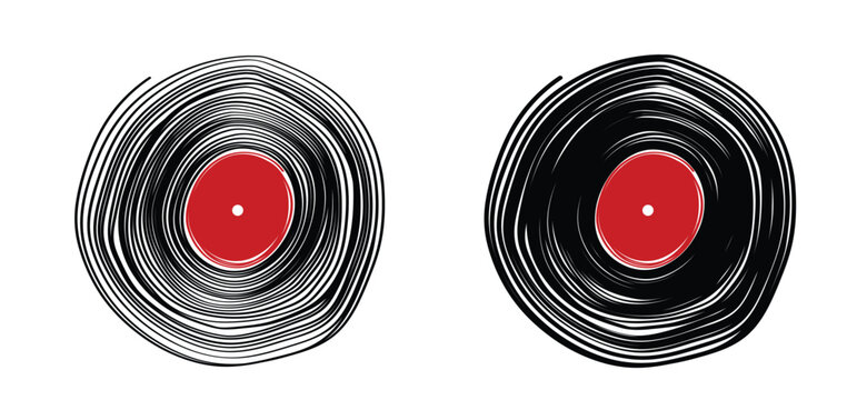 Cartoon vinyl or lp icon, symbol. dj symbol. retro vinyl record album. Old music plate doodle. Phonograph, audio disk for turntable. Music player, analog music recording. Gramophone label and badge.